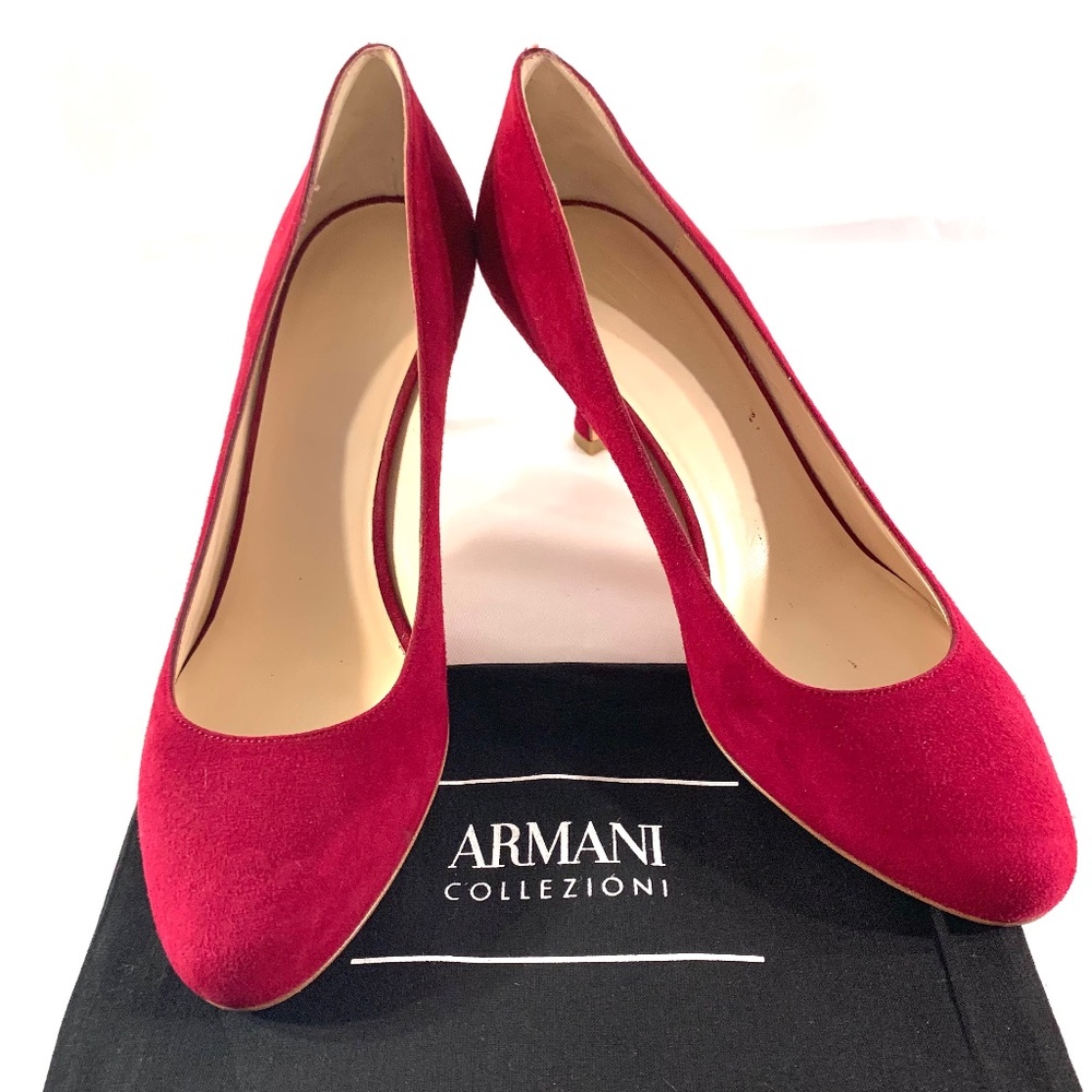 Armani Collezioni Red Suede Pumps size 40 / 10 mid heel 70mm 2.75 inch round toe